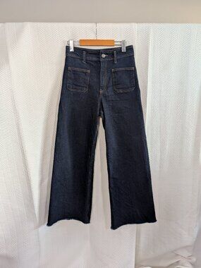 ZARA High Waisted Wide Leg Jeans Patch Pockets Dark Blue Raw Hem Size 6 Denim